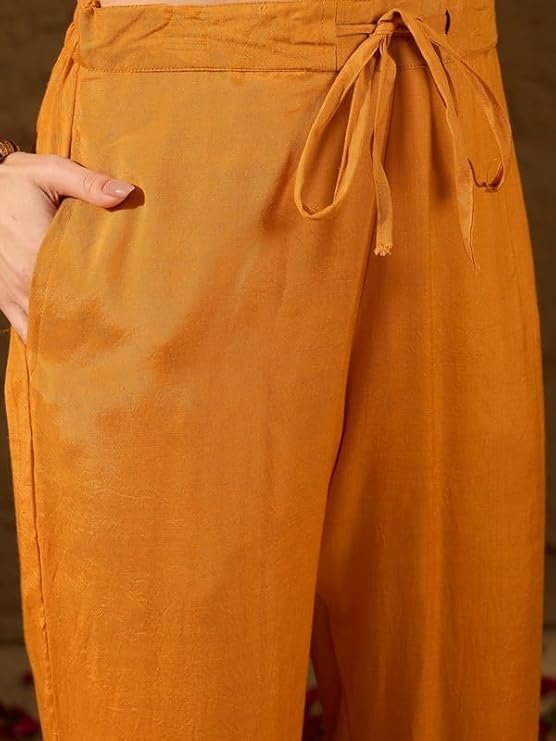 Women's Mustard Silk Ikat Straight Woven Kurta Pant With Dupatta Set | Straight Kurta Set For Women | Woven Salwar Suit For Women - Image 4