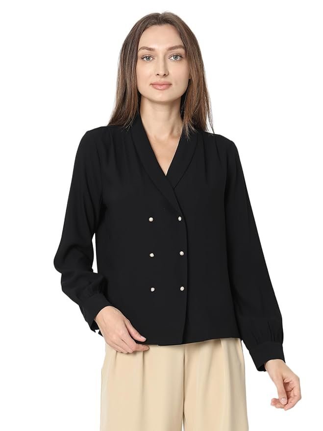 Women Cuffed Sleeves Shirt Style Top