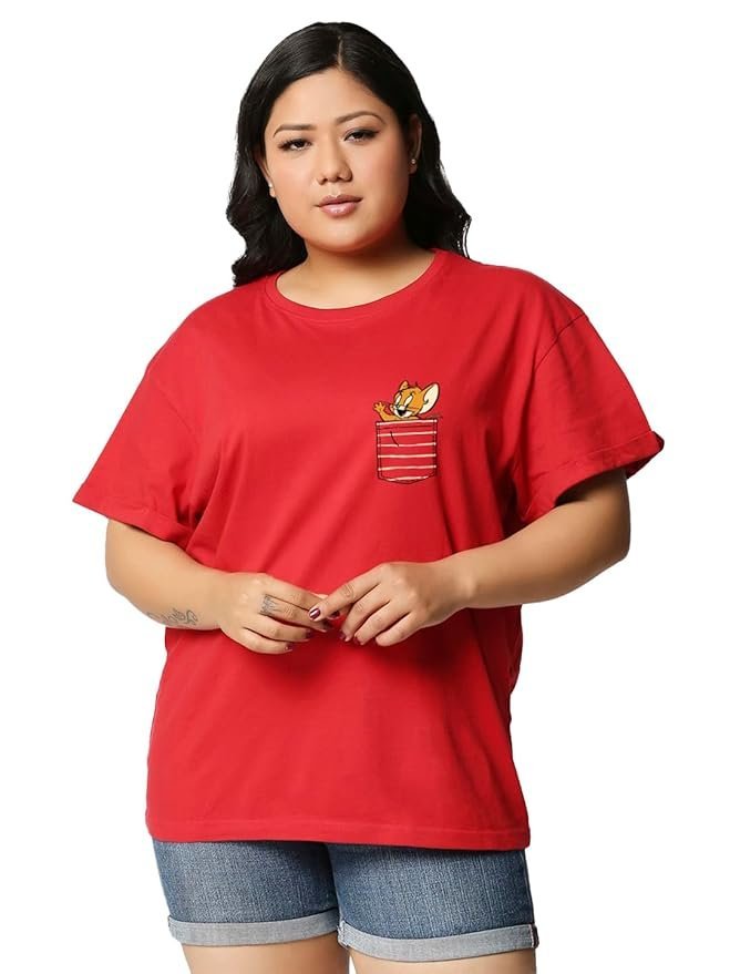 Women's 100% Cotton Graphic Print Boyfriend Fit Round Neck Plus Size T-Shirt