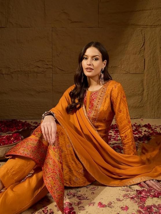 Women's Mustard Silk Ikat Straight Woven Kurta Pant With Dupatta Set | Straight Kurta Set For Women | Woven Salwar Suit For Women - Image 2