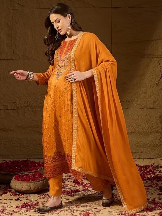 Women's Mustard Silk Ikat Straight Woven Kurta Pant With Dupatta Set | Straight Kurta Set For Women | Woven Salwar Suit For Women - Image 6