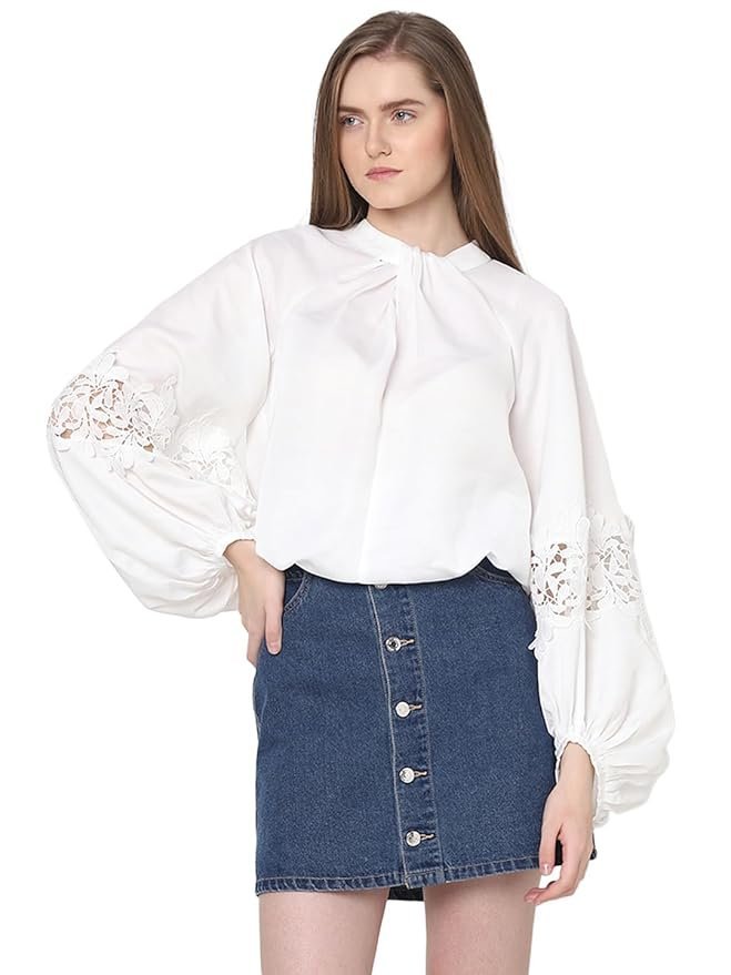 Women Tie-Up Neck Puff Sleeves Gathered Lace Detail Top
