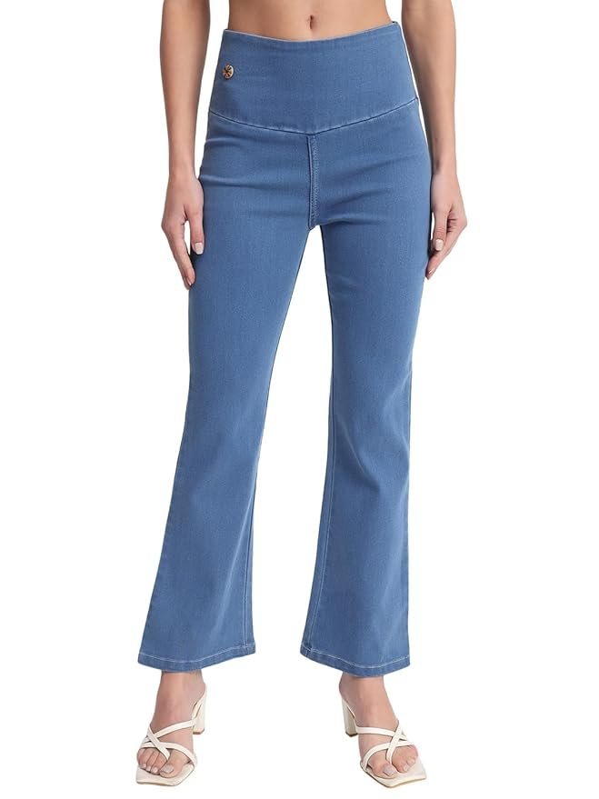 Denim Boot Cut Fit Stretchable High Waist Elastic Closer Solid Jeggings for Women