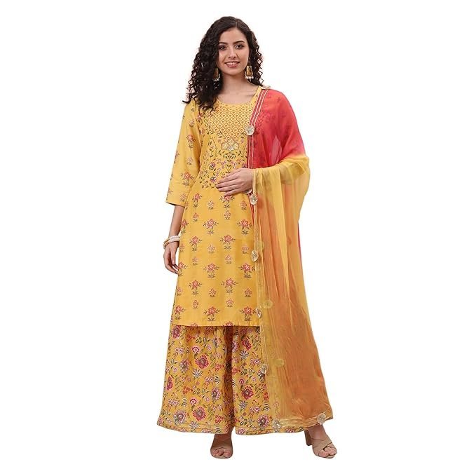 Women Polyester Printed Yellow Suit Set