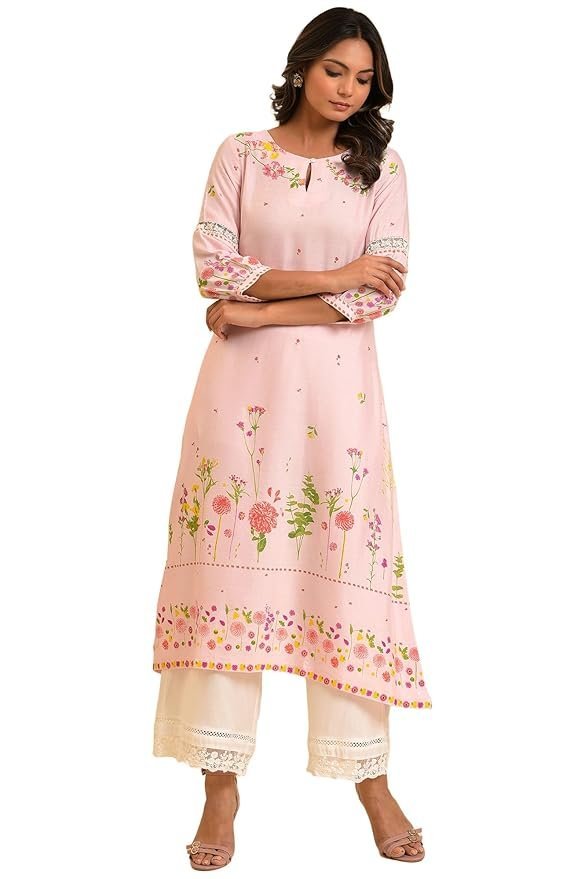 Woman Light Pink Floral Printed Summer Kurta
