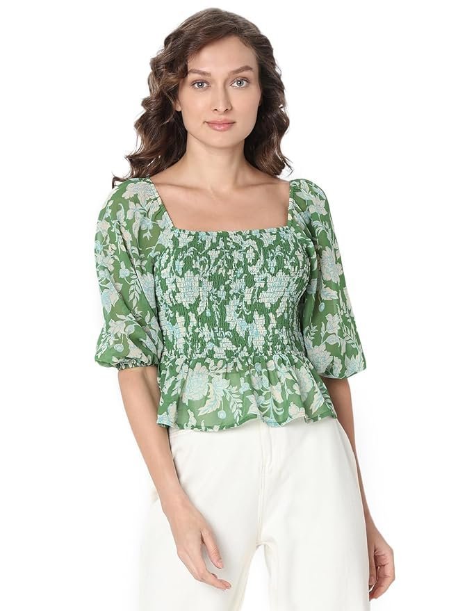 Women Floral Printed Puff Sleeve Cinched Waist Crop Top