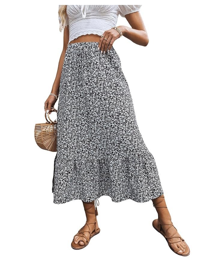 Women's Casual High Waist Floral Print Skirt Split Thigh A Line Maxi Skirts - Image 4