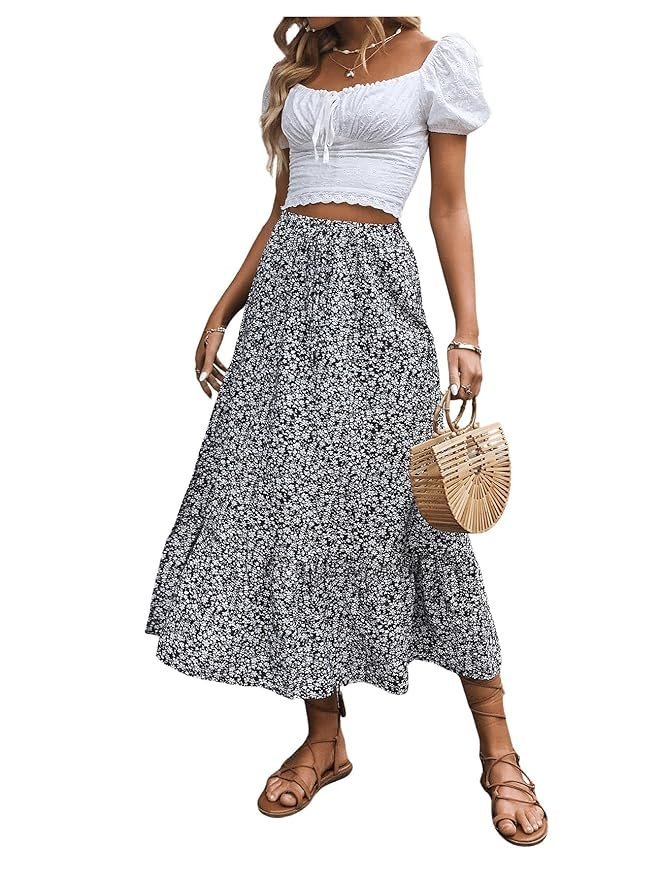 Women's Casual High Waist Floral Print Skirt Split Thigh A Line Maxi Skirts - Image 6