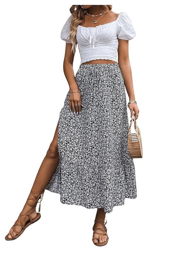 Women's Casual High Waist Floral Print Skirt Split Thigh A Line Maxi Skirts