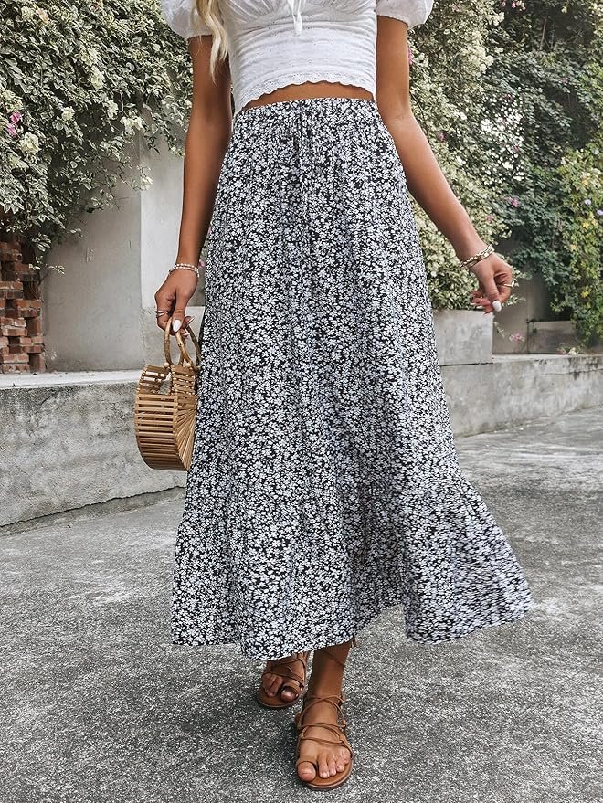 Women's Casual High Waist Floral Print Skirt Split Thigh A Line Maxi Skirts - Image 3
