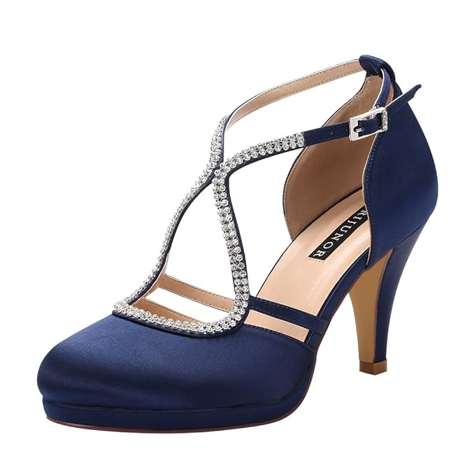 Women Comfort Low Heel Closed-Toe Ankle Strap Platform Satin Bridal Wedding Shoes