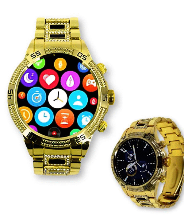 Luxury Round Smartwatch Gen 15 with 1.55" AMOLED Display, Bluetooth Calling, Fitness Tracker, Music Control, Gold Strap, Stylish Watch for Men & Women