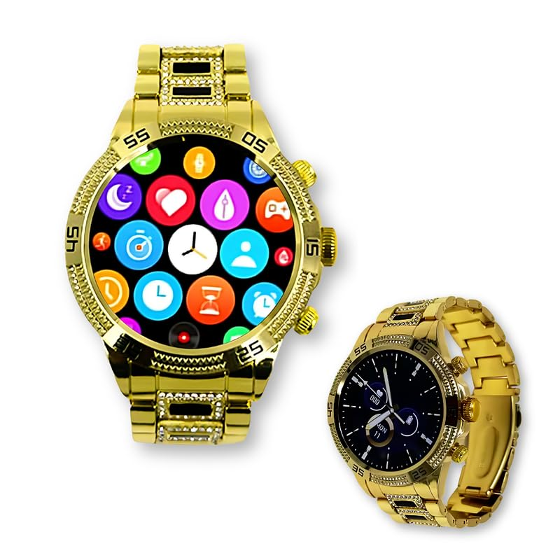 Luxury Round Smartwatch Gen 15 with 1.55" AMOLED Display, Bluetooth Calling, Fitness Tracker, Music Control, Gold Strap, Stylish Watch for Men & Women