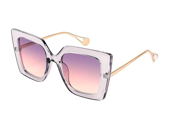 Sunglasses Womens Trendy, Oversized Square Shades, Pearl Inlay Cat Eye Frame UV400 Protection E1051