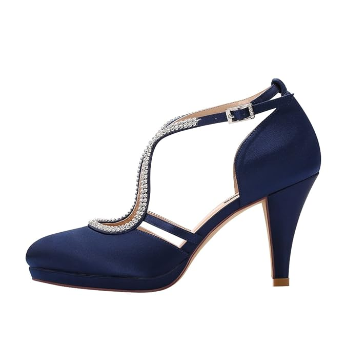 Women Comfort Low Heel Closed-Toe Ankle Strap Platform Satin Bridal Wedding Shoes - Image 5
