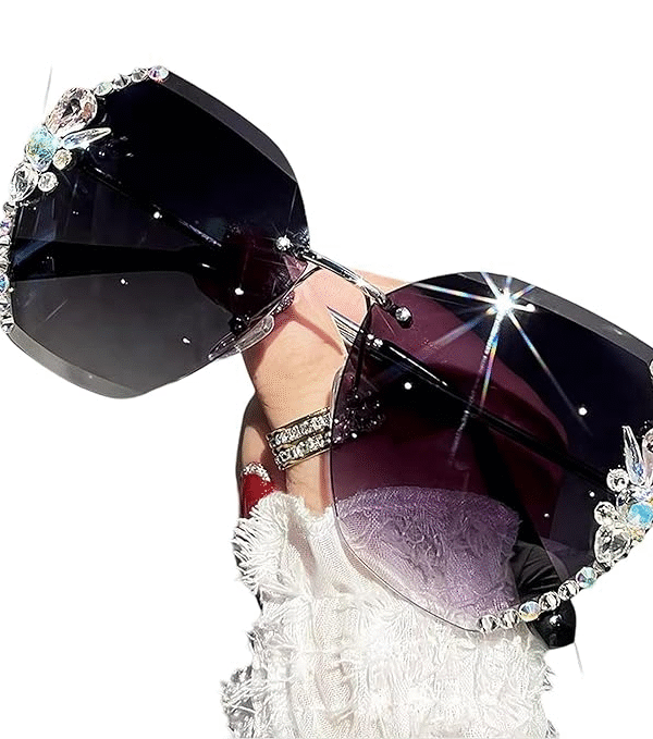 Sunglasses for Women – UV400 Protection, Rimless Flower Diamond-Cut Lens, Trendy Driving Shades for Women (Oversized)