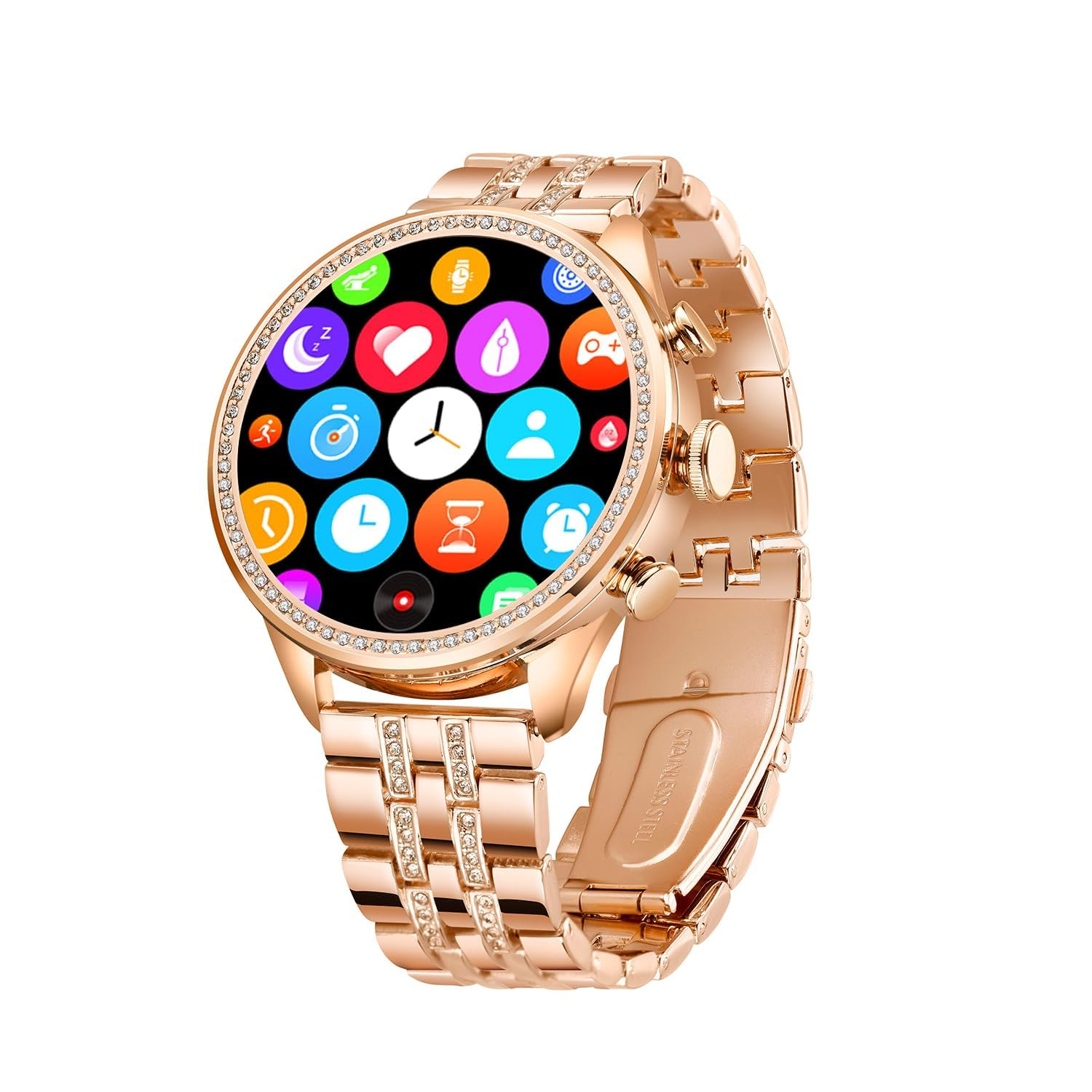 Smart Watch Rose Gold Chain Strap 1.69" AMOLED Display IP67 Waterproof High Resolution Bluetooth Calling 100+Sports Mode SPO2, Gifting Watch Luxury Round Dial Smartwatch for Men & Women