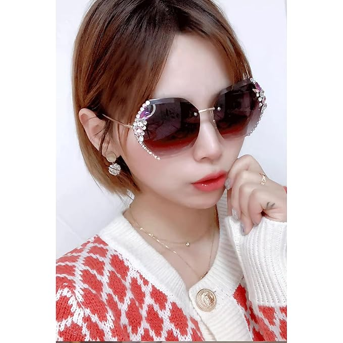 Sunglasses for Women – UV400 Protection, Rimless Flower Diamond-Cut Lens, Trendy Driving Shades for Women (Oversized) - Image 3
