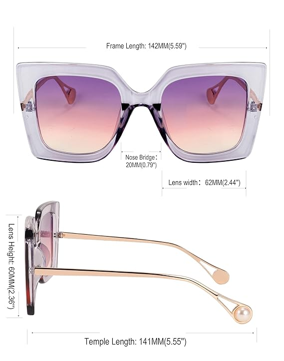 Sunglasses Womens Trendy, Oversized Square Shades, Pearl Inlay Cat Eye Frame UV400 Protection E1051 - Image 3