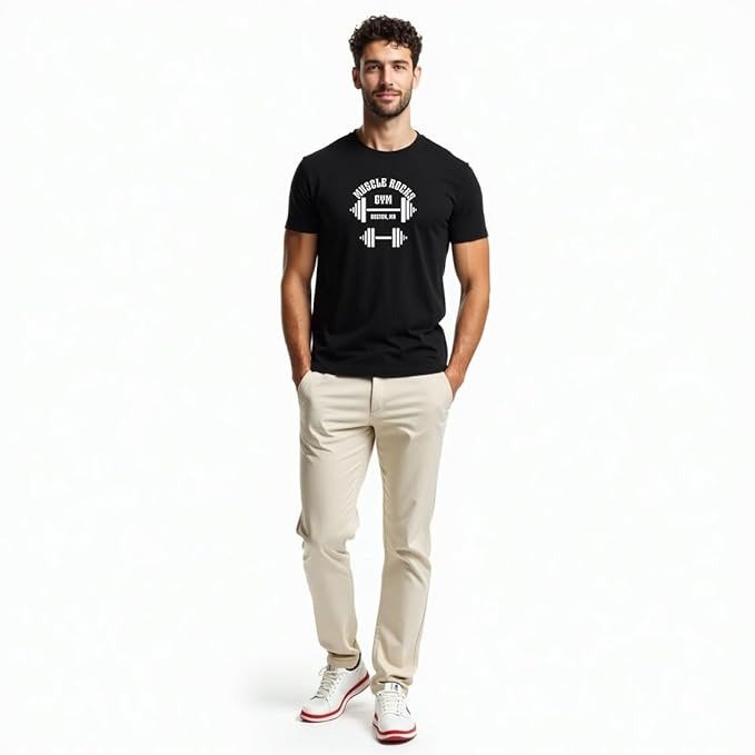 Black Round Neck T-Shirt for Men, Polyester Fabric, Gym, Running, Workout Wear, Half Sleeves with Stylish Front Print - Image 2