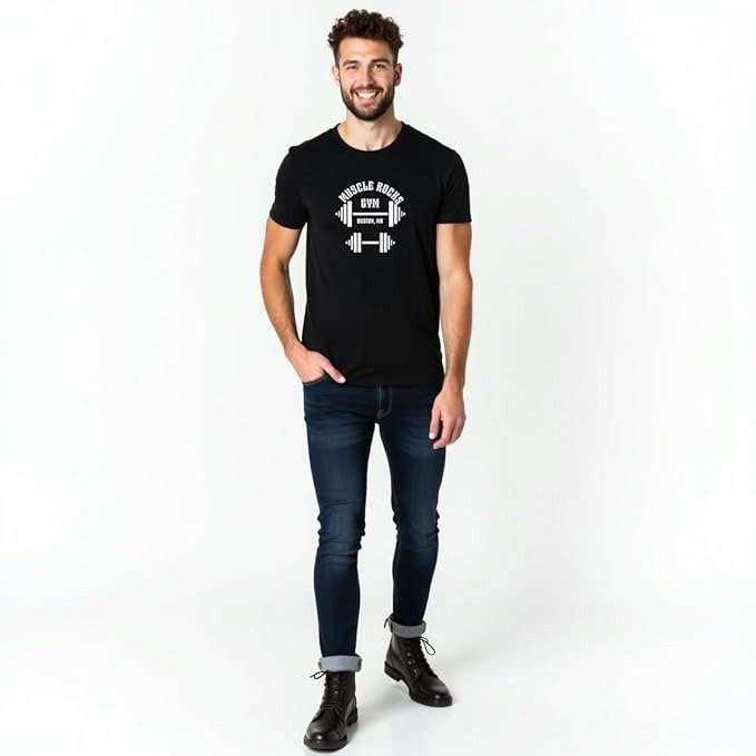 Black Round Neck T-Shirt for Men, Polyester Fabric, Gym, Running, Workout Wear, Half Sleeves with Stylish Front Print - Image 3