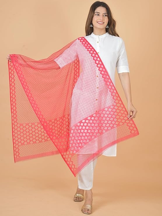 Dupatta for Women and Girls 100% Netted Self Print Design